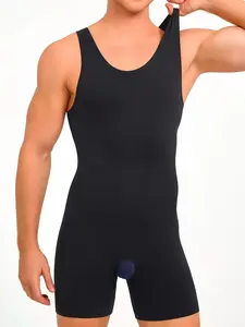 1 Count Men's Seamless Tummy Control Shapewear Bodysuit, High-Elasticity Slim Fit Body Shaper, Sleeveless Round Neck Basic Design Body Shaperwear, Vest Open Crotch Jumpsuit, Hand Washable Solid Color Underwear for Workout & Casual Attire
