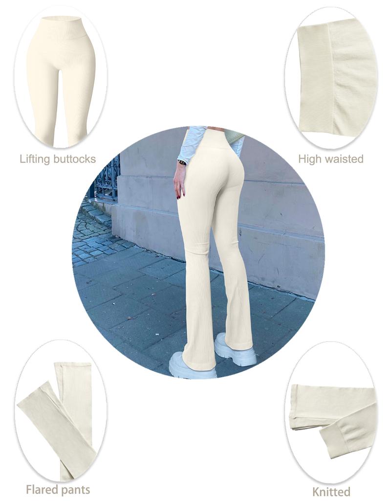 OQQ Women's 2 Piece Yoga Pants Ribbed Seamless Workout High Waist Bell Bottoms Flare Leggings Comfort