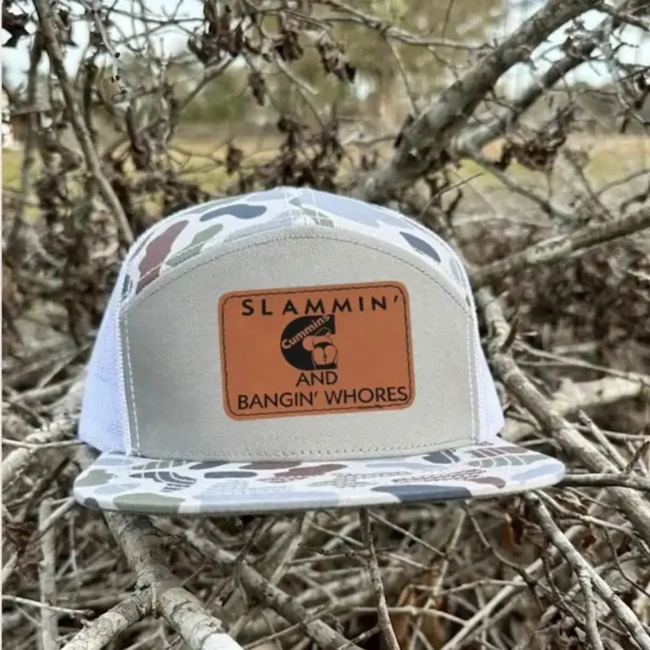 Cummins Leather Patch Trucker Hat | Slammin' Cummins and Bangin' Whores 7 Panel Mesh Snapback | Diesel Truck Hat and Adjustable Fit for Men and Women