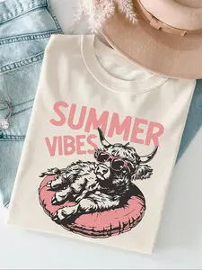 Women's Highland Cow & Letter Print Round Neck Tee, Fashion Casual Crew Neck T-Shirt for Daily Holiday Vacation Outdoor Wear, Ladies Clothes for Summer, Top