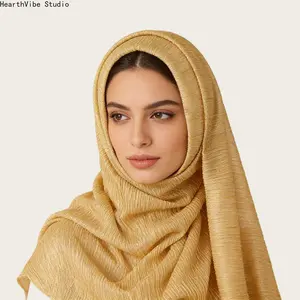 Luxury Gold Metallic Plisse Hijab - Shimmering Pleated Glitzy Headscarf, Premium Soft Lightweight Muslim Shawl for Eid, Wedding & Glamorous Party Wear