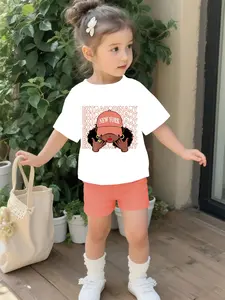 Minimalist baby girls' outfit with personalized slogans, digital printed 100% polyester short sleeve set for infant girls. Cute casual clothing for baby girls, suitable for daily wear and outdoor sports. An ideal gift for infants and young children.