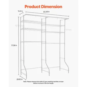 White 6-Tier Over Washer and Dryer Storage Shelves with Accessories, Adjustable Clothing Racks, Hangable Hanger Rod, Hooks and 2-Row Hanger Stand, Space Saver for Laundry Room Organization