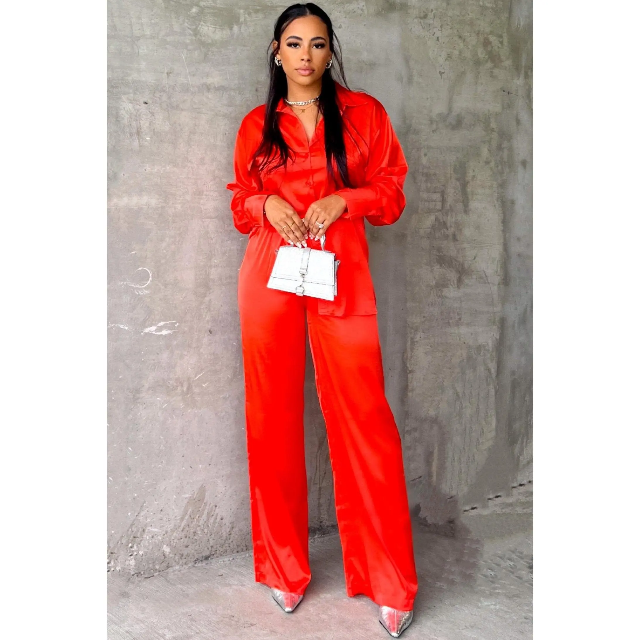 Satin Pants Set - Orange/Red