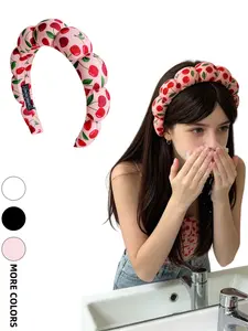 3 Pcs Women's Cherry Print Bubble Headbands, // Fabric, Korean Sweet Style, Absorbent Non-Slip Sponge, Comfortable Daily Use