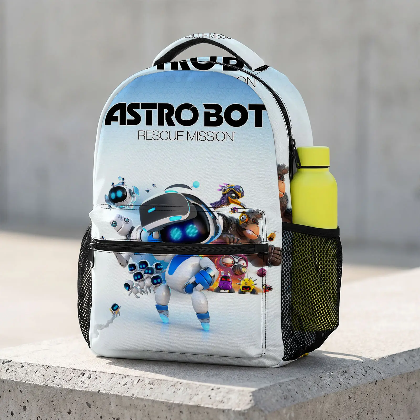Astro-Bot Cute Cartoon 17-Inch Backpack, Kawaii Printed Unisex School/Travel Bag with Water Bottle Holder, Anti-Slip Adjustable Padded Straps, Large Daypack for Teens, Holiday