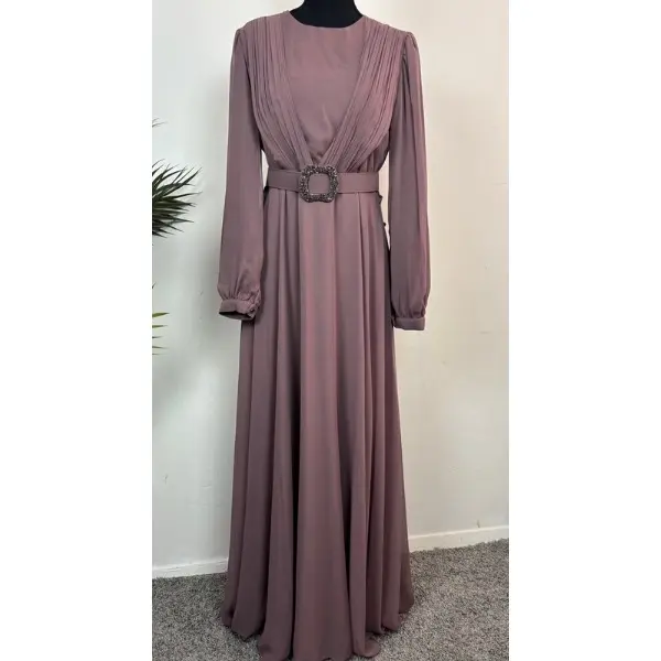 Women's Minimalist Crew Neck Chiffon Abaya Dress - Long Sleeve, Elegant Pleated, Belted Waist Fit, Tailored Belt Detailing, All-Season Formal Modest Wear for Weddings, Floral-Themed Events