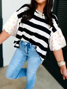 Women's Black Stripe Floral Puff Sleeve Patchwork Round Neck Loose Top, Casual Summer Cotton Shirts for Women, Boho Flowy Short Sleeve Blouses, Relaxed Fit Basic Striped Tee