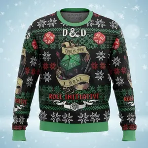 Funny Tabletop RPG Ugly Christmas Sweater | "Roll for Initiative" Dice Rolling Gamer Gift Jumper