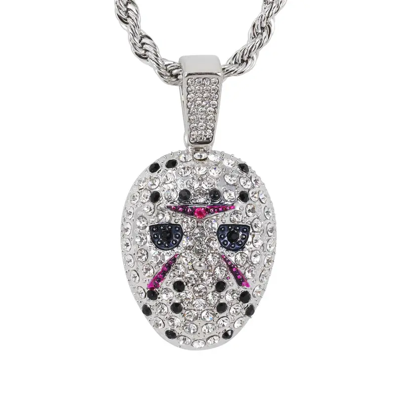 MaxBling81 Iced Out 30mm Gold-Silver Plated Alloy Gang Mask Statement Necklace, 4mm 24" Cuban Rope Chain, Unisex Casual Hip Hop Costume Jewelry Gift