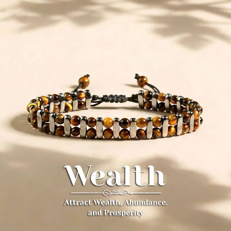Tiger Eye Hematite Bracelet For Men Women, Handmade Braided Double Layered Natural Stone Beaded Energy Balance Protection Bracelet Vintage Healing Jewelry Gifts