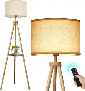 Wood Tripod Floor Lamp with Shelves, Mid Century Floor Lamp with Remote Control,4 Color Temperature, LED Modern Dimmable Standing Lamp with Beige Linen Shade for Living Room, Bedroom, Office