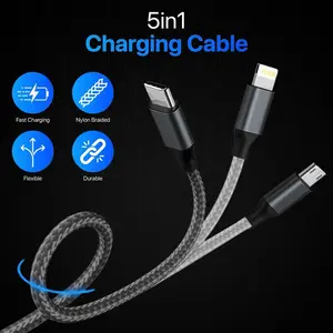 Biboshi 5 IN 1 Nylon Braided Data Cable, Data Sync, lightning, Fully Compatible Fast Charging Cable for All Devices, Type C to Type C, Type C to Lighting, USB to Type C, USB to Micro,
