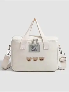 Cute Bear Embroidery Design Lunch Bag, Multi-functional Insulated Lunch Bag, Portable Lunch Box Bag for Home School Picnic