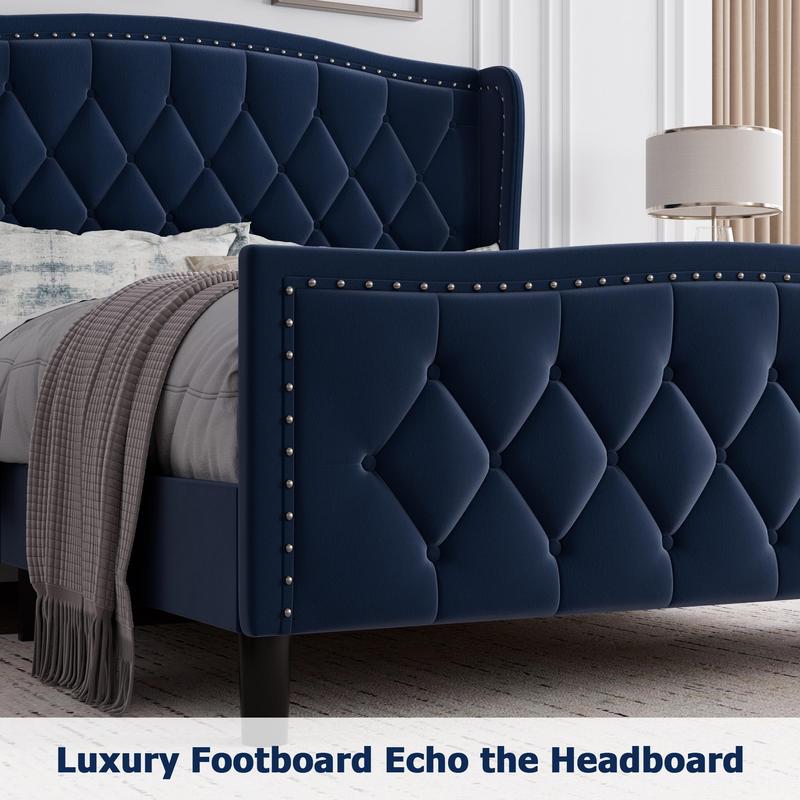 Full Size Bed Frame,Velvet Upholstered Full Size Platform Bed with Wingback Headboard,Wooden Slat Support,No Box Spring Needed,Easy Assembly,Navy Blue