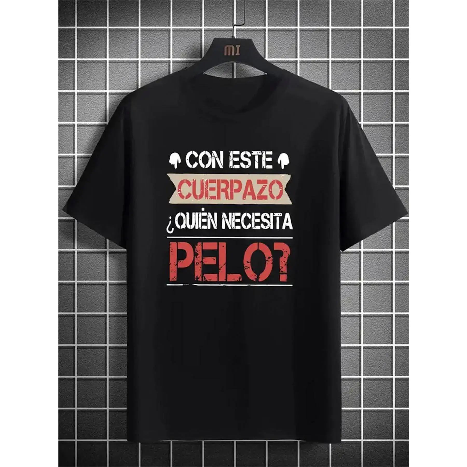 Men'S Funny Spanish Saying T-Shirt - "Con Este Cuerpazo Quien Necesita Pelo?" (with This Hair, Who Needs Hair?) - 100% Loose Fit Crew Neck Short Sleeve Casual Tee with Red & Print, Humorous Hair Loss Design for Daily Wear, Work