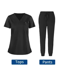 V-Neck Scrub Set Short Sleeve Long Pants Solid Color Elastic Men Nursing Work Uniform