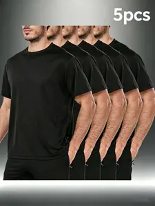 5-Pack Men's Sport T-Shirts, Quick-Dry Breathable Short Sleeve, Round Neck, Lightweight, Ideal for Running, Fitness, Outdoor Activities, Athletic Tops