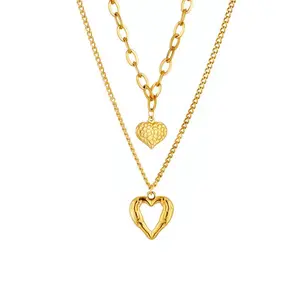 Layered Heart Necklace | Double Chain Dainty Fashion Jewelry | Trendy Minimalist Pendant Necklace