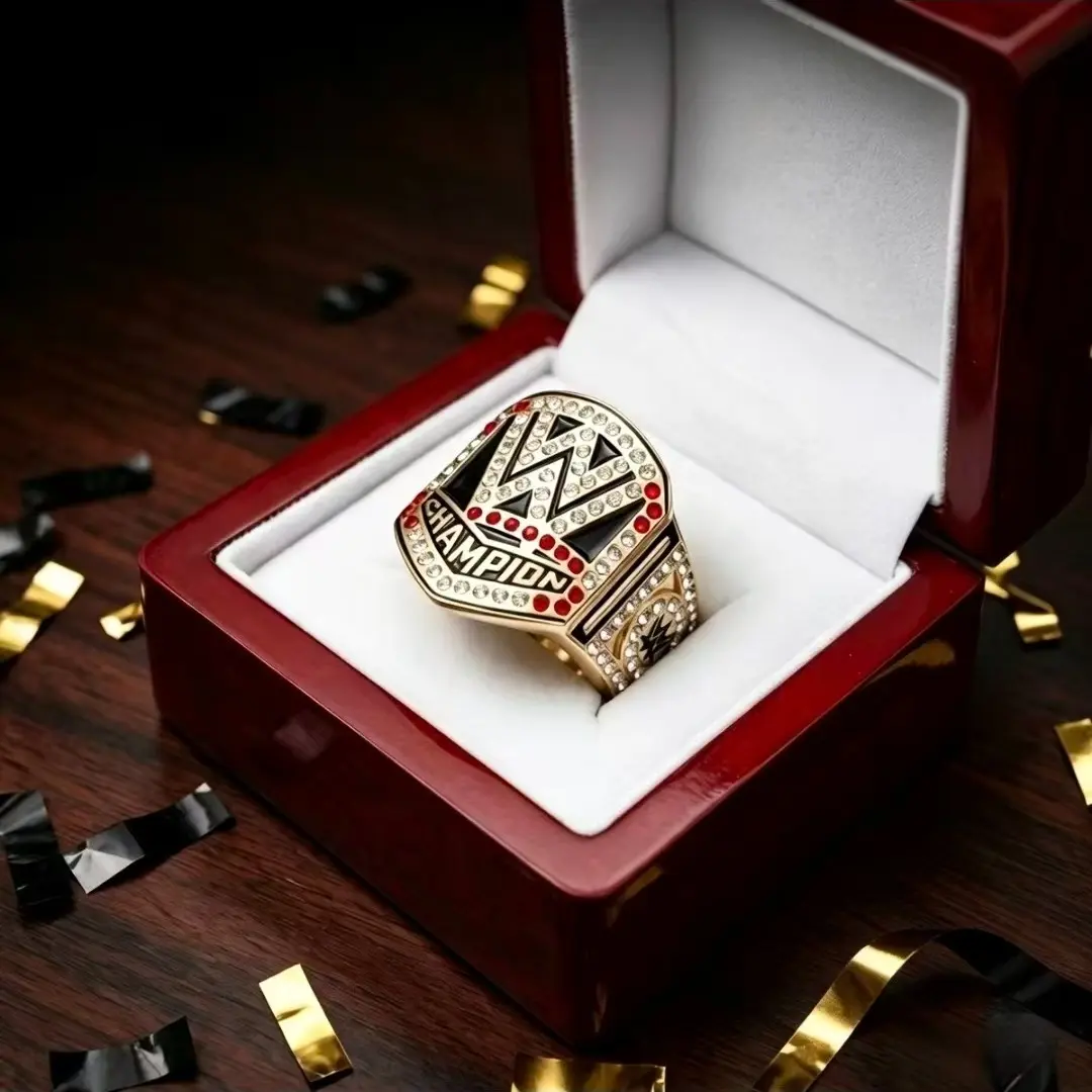Men’s Vintage Pro Wrestling Champion Replica Collectible Ring, Solid Heavy Stainless Steel Band, Retro Wrestlemania Sports Fan Merch Memorabilia, Comes With Wooden Display Gift Box, Simple Birthday Collectible Gift For Wrestling Enthusiasts