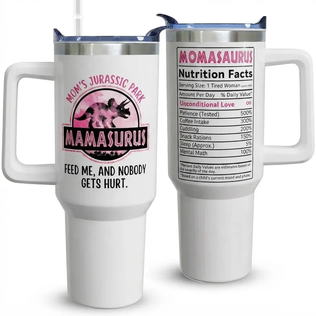 40oz Stainless Steel Vacuum Insulated Travel Tumbler with Handle, Straw & Secure Lid – Hilarious Mamasaurus "Mom's Jurassic Park" Design, Featuring "Feed Me, and Nobody Gets Hurt" Tagline & Fake "MomaSaurus" Nutrition Facts, Ideal Funny Mother's Da