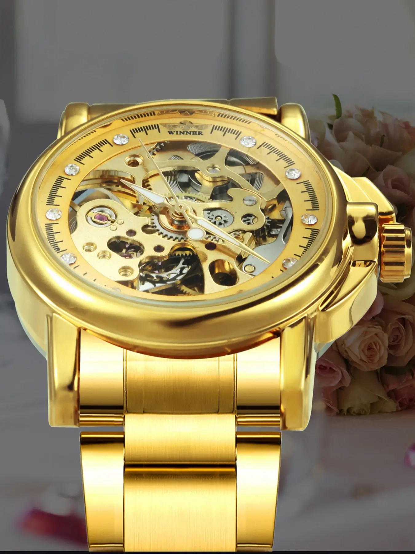 1pc Women Luxury Skeleton Automatic Analog Mechanical Watch Luminous Hands Top Brand Golden Stainless Steel Strap Luminous Hands Iced Out Design Fashion Business Automatic Wristwatch Ladies Watches Gifts