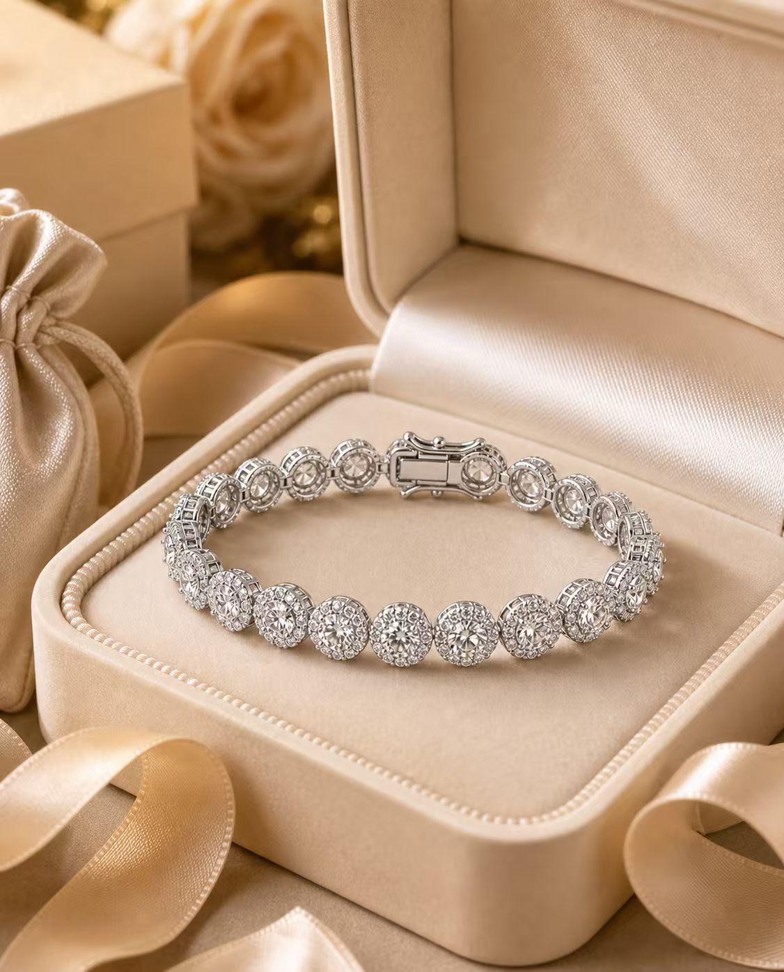 Silver Tone Cubic Zirconia Tennis Bracelet for Women, Sparkling Round Halo Link Bracelet, Elegant Wedding & Party Jewelry Gift