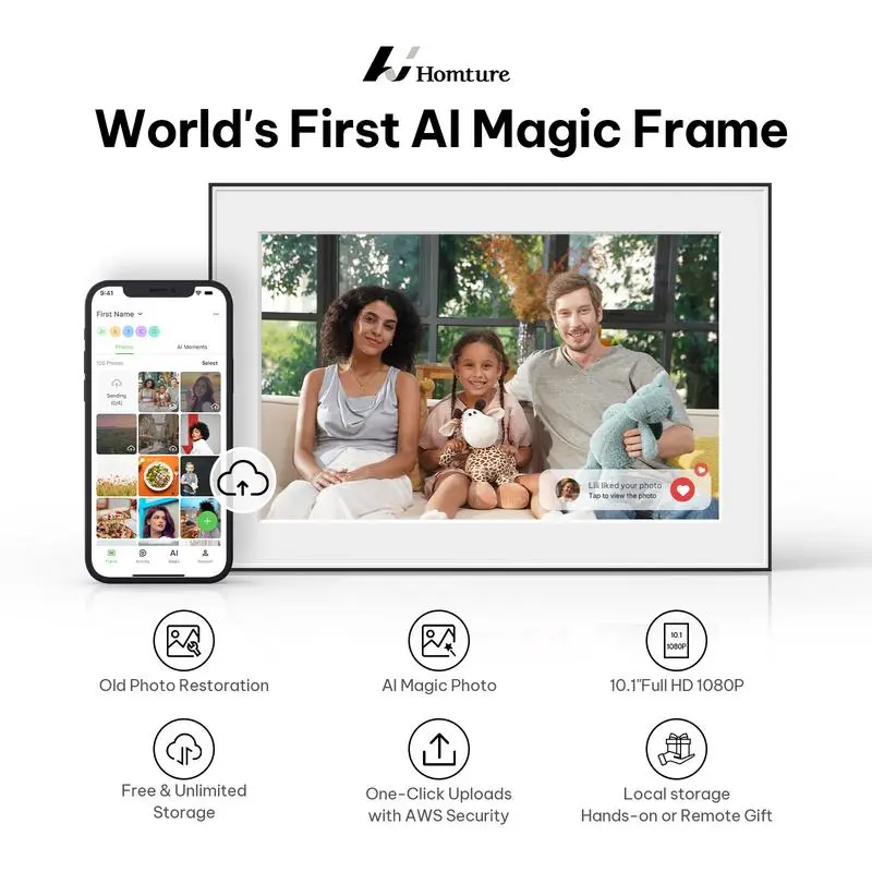 Homture Magic Frame, AI Photo Frame, Christmas Perfect Gift, World’s First Smart Photo Frame, AI Magic Frame for Old Photo Restoration, Cloud Storage & Instant Family Sharing