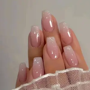 24pcs Press-On Nails Set（Including Nail Glue）| Medium Long-Length styles, Girl Pink Gradient glitter,ins style