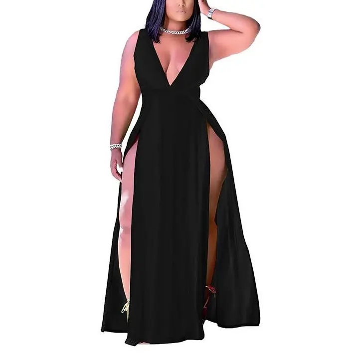 Women's Plus Size Sleeveless Deep V Neck Front High Split Tank Maxi Dresses Black Red Casual Party Birthday Elegant Solid Color Womenswear Summer Night Dinner Club Polyester Fabric Fit