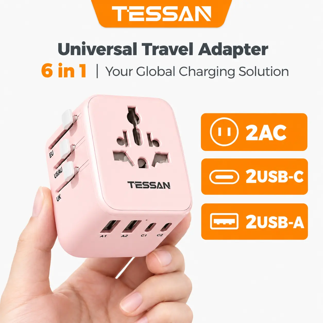TESSAN Universal Travel Adapter 17W/28W/35W/65W Fast Charging with 4 USB Ports & 1 Type C for US EU UK AUS Ireland(Type C/G/A/I) Plug , Portable Charger for Cellphone/Smartphone/Electronic Devices, Travel Essential, Pink&Purple