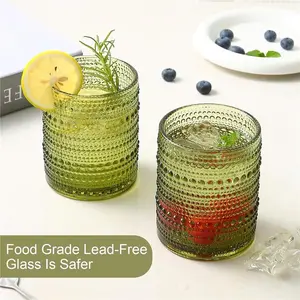 Vintage Green Hobnail Glassware Set of 6 – 12 oz Embossed Drinking Glasses for Beer, Cocktails, Whiskey, Juice, and Mixed Drinks Mug Retro European