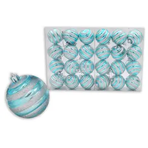Queens of Christmas  2 in. Ball Ornament with Line Design, Aqua & Silver - Pack of 24