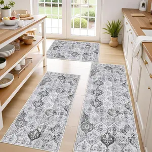 Moroccan Style Light Geometric Print Kitchen Runner Rug Set, Easy Storage & Cleaning, Precision Binding, Perfect for Bathroom Laundry Room, Geometric Pattern
