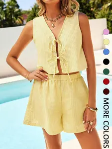 Two-piece Set Women's Plaid / Stripes Print Crop Tank Top & High Waist Shorts, Casual Sleeveless Top & Wide Leg Shorts for Summer, Ladies Clothes for Daily Wear