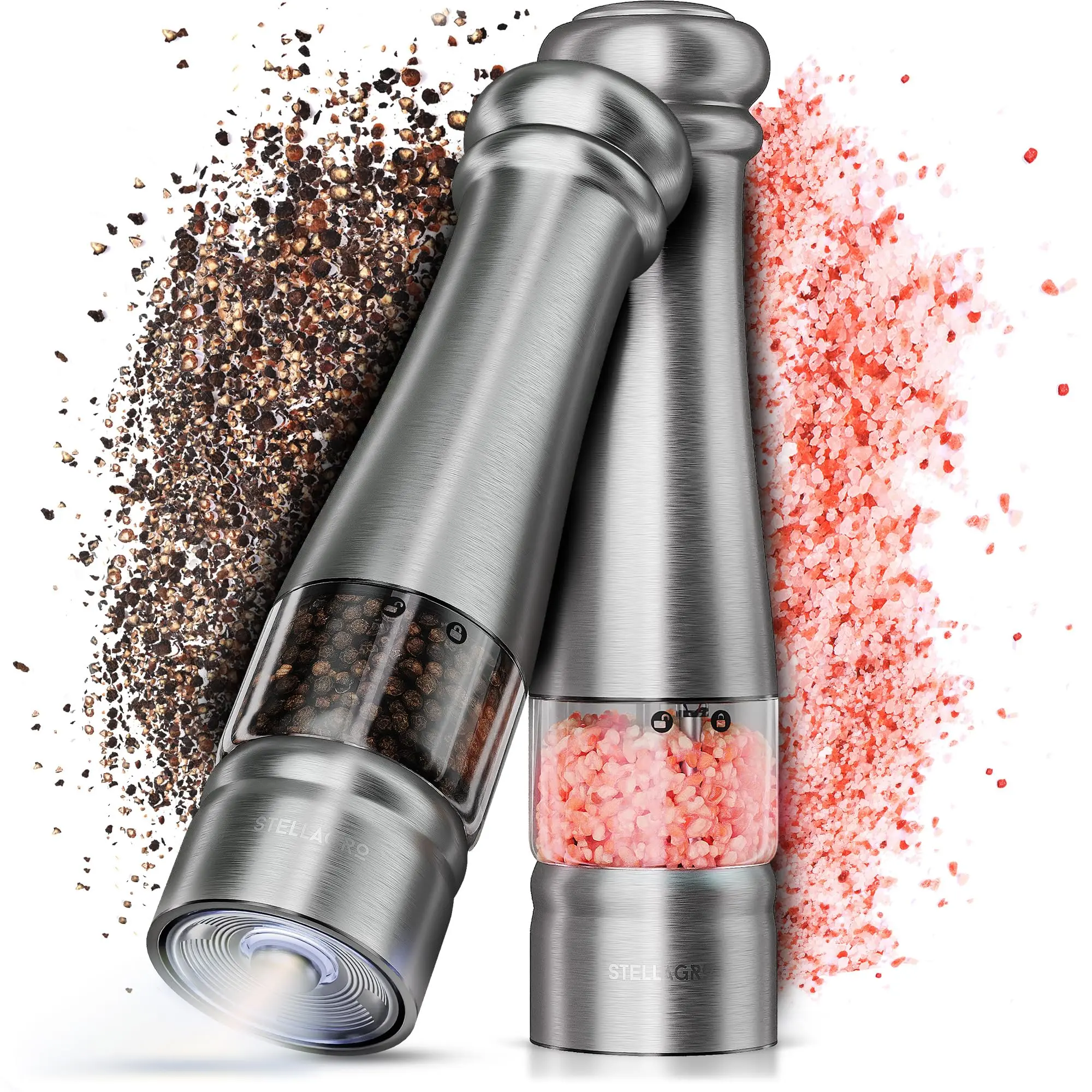 Stellagro Premium Electric Salt and Pepper Grinder Set, Automatic Stainless Steel Battery Operated Mill Set With Adjustable Coarseness & Built-In Warm White Light, Silver