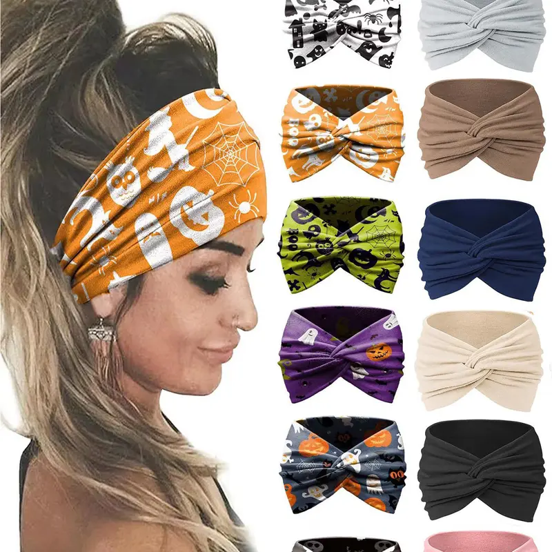 【Black Friday】12 Pcs Halloween Printed Headbands with Pumpkin & Skull Patterns, Soft Funny Elastic headbands for Men & Women, Festive Headbands for Holiday Party, Yoga, Running & Sports