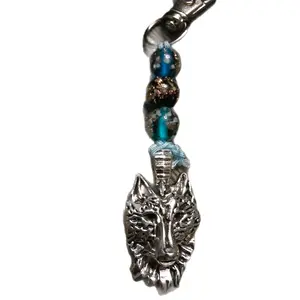 UV Glow Light LYKN Wolf Keychain Charm with Blue Beads and Silver Wolf Head Design