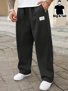 【Plus Size】 Solid Label Patched Drawstring Waist Pants, Casual Loose Baggy Non Stretch Comfy Pocket Trousers for Daily Wear, Men's Bottoms for All Seasons
