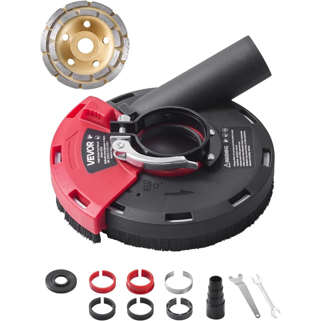 VEVOR Grinding Dust Shroud for Angle Grinder, Universal 4-5 in, Surface Grinder Dust Shroud with 6 Clamping Washers & 5 in Diamond Grinding Cup Wheel, Connect to Vacuum Cleaner, for Wood Concrete Wall