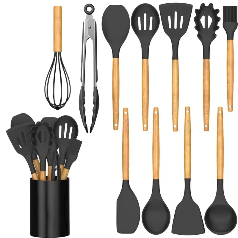 Silicone Cooking Utensils Bundle Set with Wooden Handles - 446°F Heat Resistant, Non-Toxic BPA-Free, Holder Included for Organized Utensils, Spatulas & Turners, Safe for Non-Stick Cookware