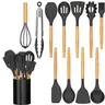 Silicone Cooking Utensils Bundle Set with Wooden Handles - 446°F Heat Resistant, Non-Toxic BPA-Free, Holder Included for Organized Utensils, Spatulas & Turners, Safe for Non-Stick Cookware