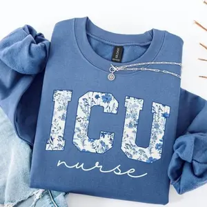 ICU Nurse Sweatshirt, Blue Toile Critical Care Crewneck, Intensive Care Unit Cotton Nurse Shirt