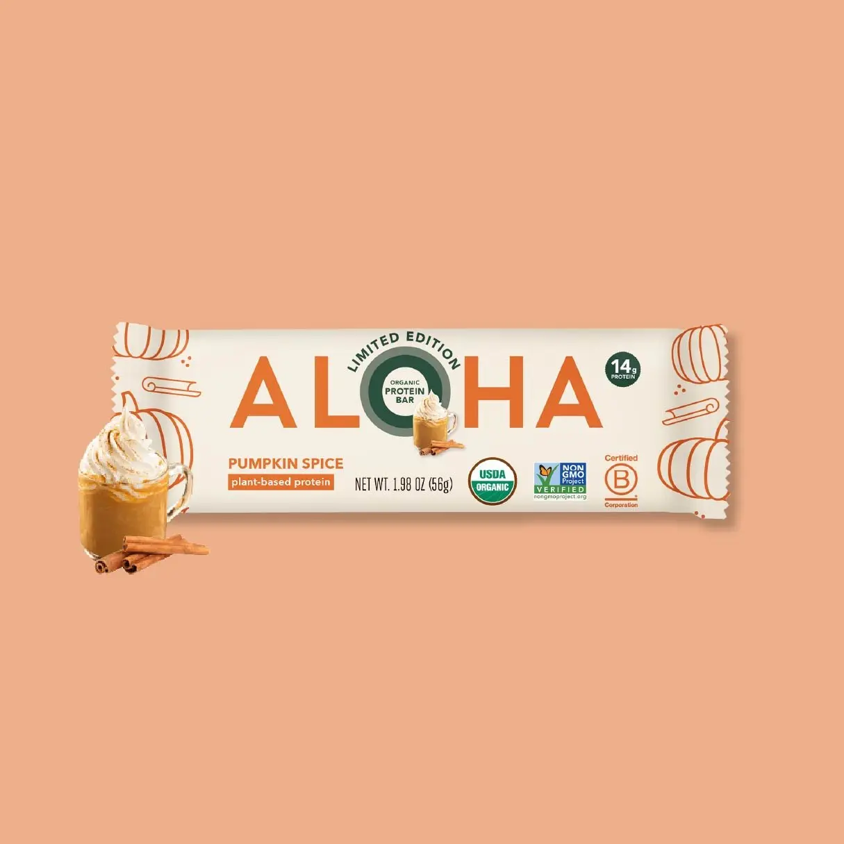 ALOHA Pumpkin Spice Protein Bar | 12 Bars | 14g Plant Protein, 3g Sugar | Certified USDA Organic, Vegan, Gluten-Free | PSL Season | Pumpkin + Warm Spice + Roasted Pumpkin Seeds