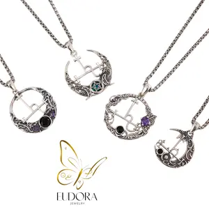 Eudora Lilith Sigil Necklace with Blue Opal, Moon Pentacle Pendant, Goddess Jewelry for Witches, Pagan Spiritual Feminine Power, Handmade Witchy Gift