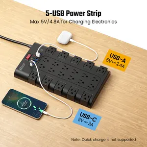 SUPERDANNY Power Strip Surge Protector with 22 Outlets, 2 USB-C and 4 USB-A, 2100J, 6.5Ft Flat Plug Heavy Duty Extension Cord (1875W/15A), Wall Mountable for Home, Office, Dorm, Gaming Room
