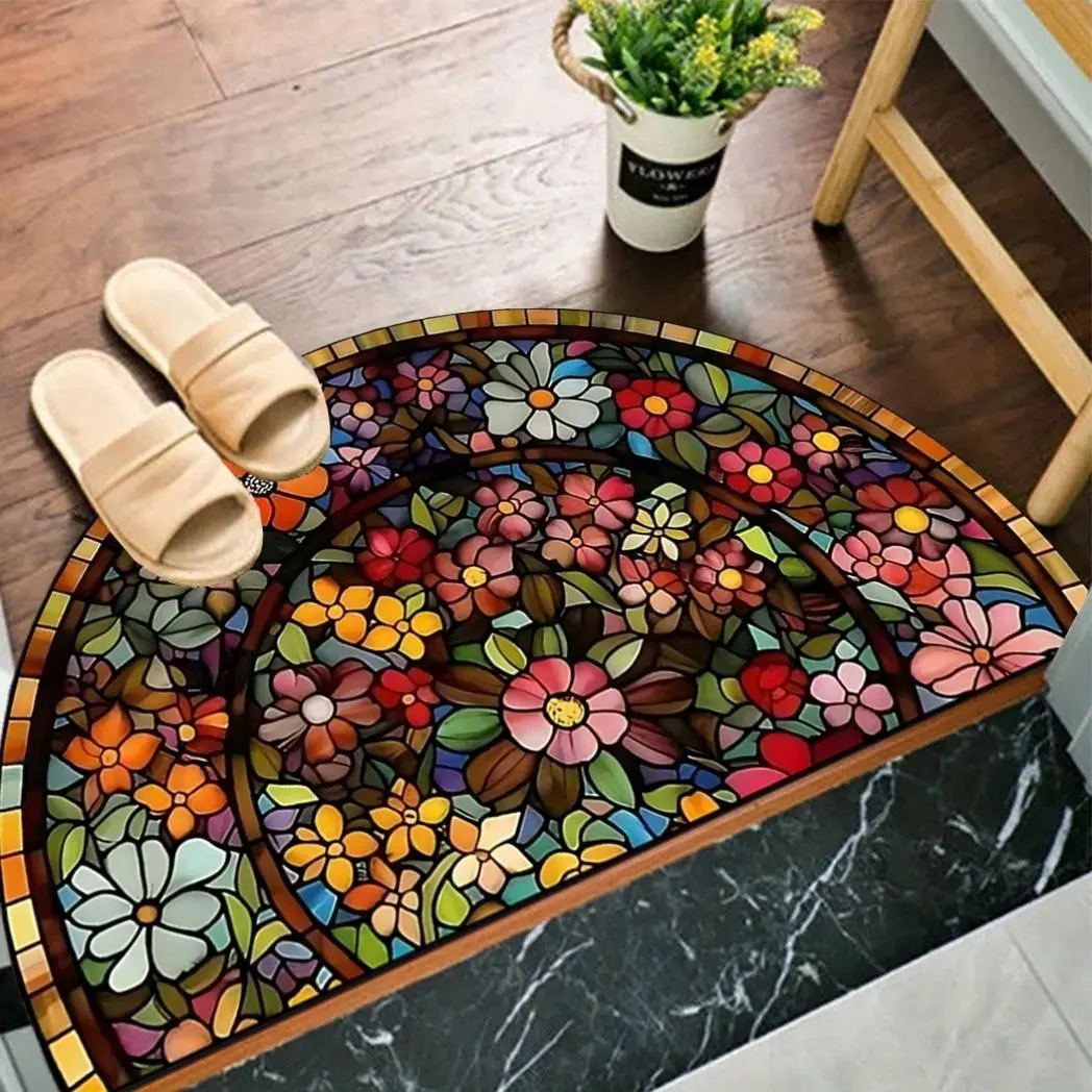 Colorful Print Mat 1pc Vintage Style Colorful Print Welcome Doormat, Home Decor Rugs – Semi-Circular Non-Slip Design, Machine Washable Polyester Mat, Durable Decorative Mat for Entryway, Porch, or Hallway, for Spring & Summer Decor