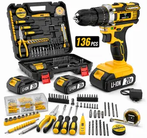 136 Pcs Cordless Impact Drill Tool Set- 2 Rechargeable Batteries, LED Light, 18+3 Torque Settings, 2-Speed Driver, Compact All-in-1 Kit for Home Improvement, Home DIY,Perfect Gift Household