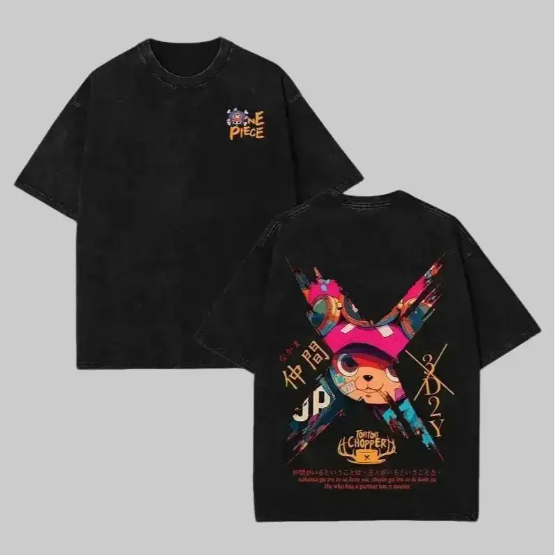Men's Vintage Acid Wash Tony Tony Chopper Graphic T-Shirt - 1 Piece Anime Oversized Short-Sleeve Tee, Retro Distressed Back Print, Hip Hop Streetwear Y2K Merch, Exchange Policy for Anime Fans
