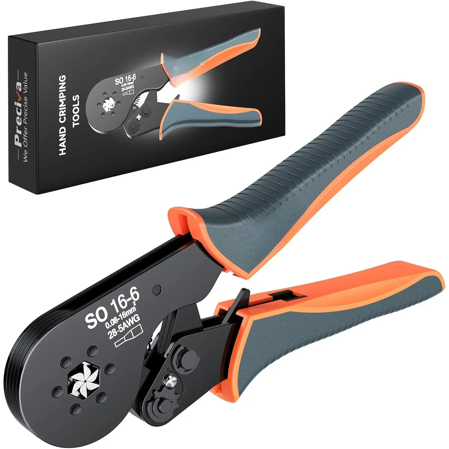 Preciva Chrome Vanadium Steel Hexagonal Crimping Tool SO16-6 - Self-Adjustable Ratchet Hand Crimper with Induction-Hardened Construction, Beveled Edges for Wire Terminals, Cable End-Sleeves, Cranes (0.08-16mm, AWG 28-5, Compact Rotating Set)